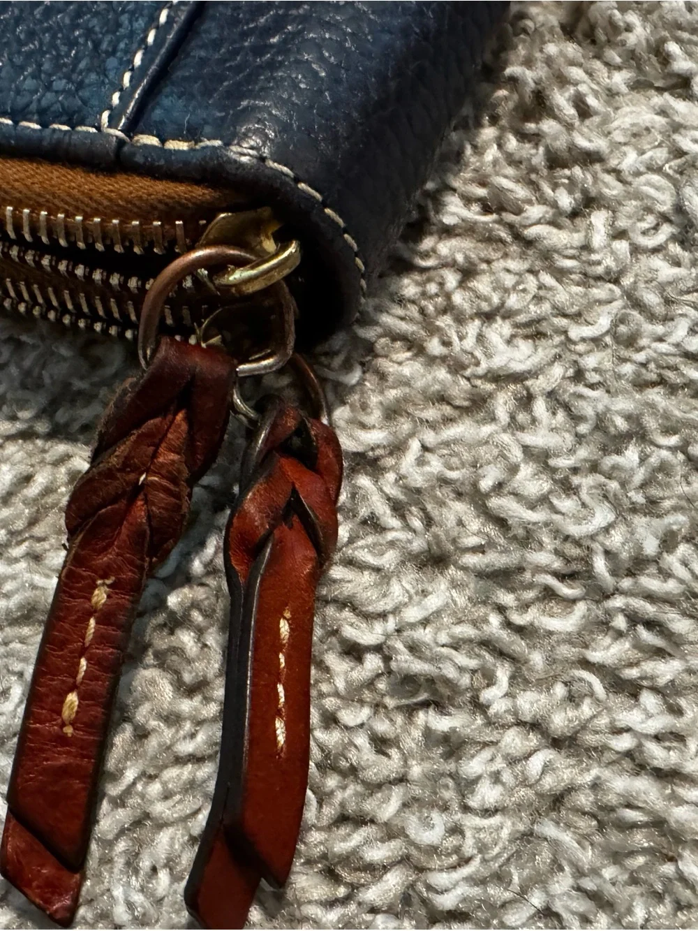 Dooney & Bourke Navy Pebbled Leather Zip Wristlet with Brown Trim
